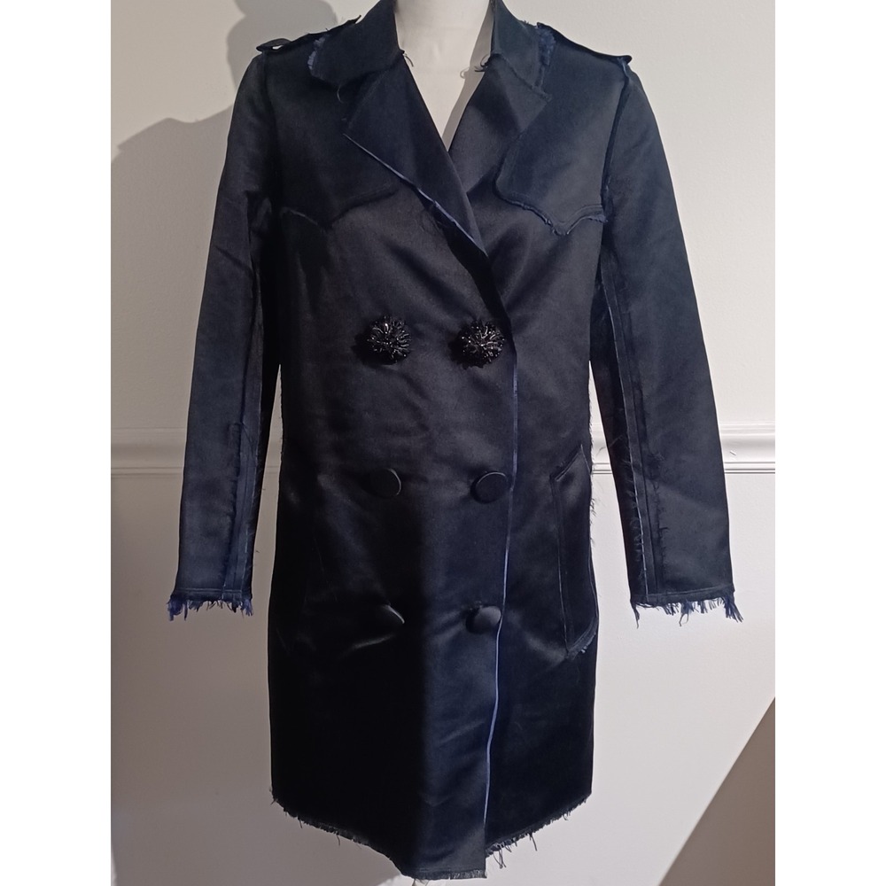 Lanvin For H & M Womens Black Silk Coat Jacket Beaded Buttons